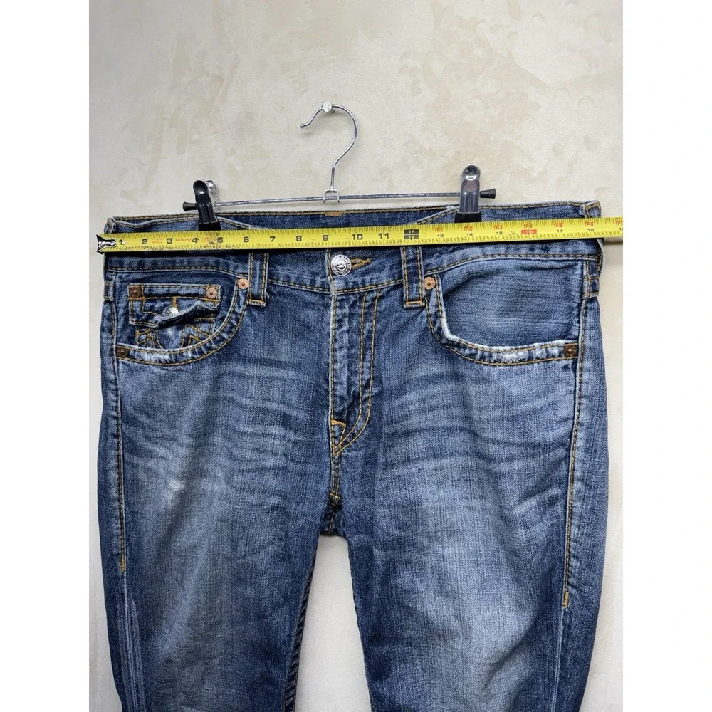 True Religion Ricky Jeans Men's 33 Blue Distressed Straight Flap Big T MJA859M6